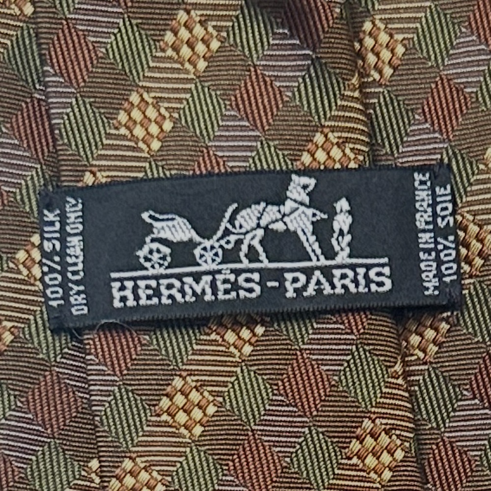 Hermès Paris Silk Tie  Brown Gold Geometric Pattern Made in France Authentic